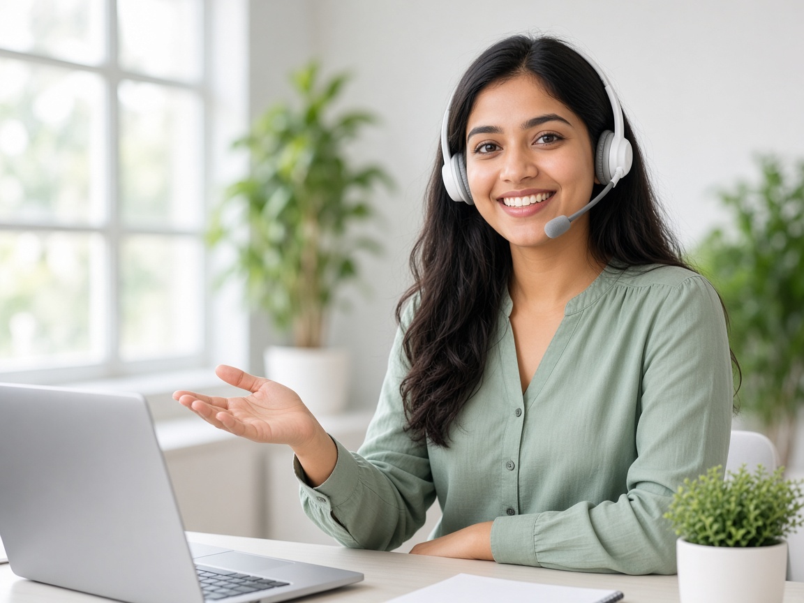 A support specialist with a headset, smiling and ready to help